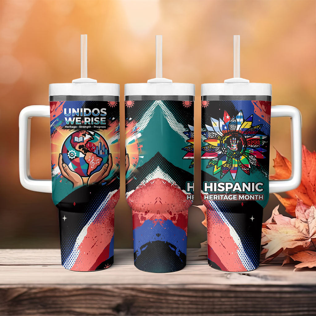 Hispanic Heritage Month Unidos We Rise Tumbler With Handle Vibrant Sunflower Flags - Globe Graphic With Splatter Paint