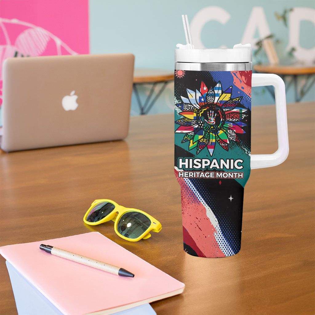 Hispanic Heritage Month Unidos We Rise Tumbler With Handle Vibrant Sunflower Flags - Globe Graphic With Splatter Paint