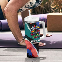 Hispanic Heritage Month Unidos We Rise Tumbler With Handle Vibrant Sunflower Flags - Globe Graphic With Splatter Paint