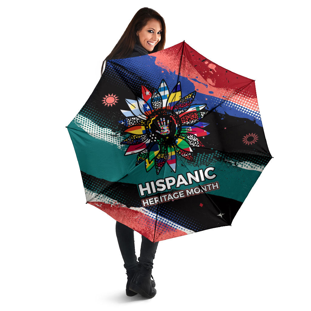 Hispanic Heritage Month Unidos We Rise Umbrella Vibrant Sunflower Flags - Globe Graphic With Splatter Paint