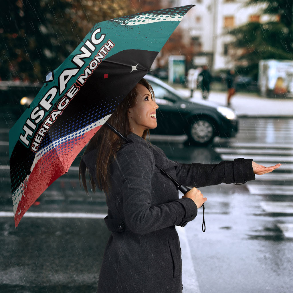 Hispanic Heritage Month Unidos We Rise Umbrella Vibrant Sunflower Flags - Globe Graphic With Splatter Paint
