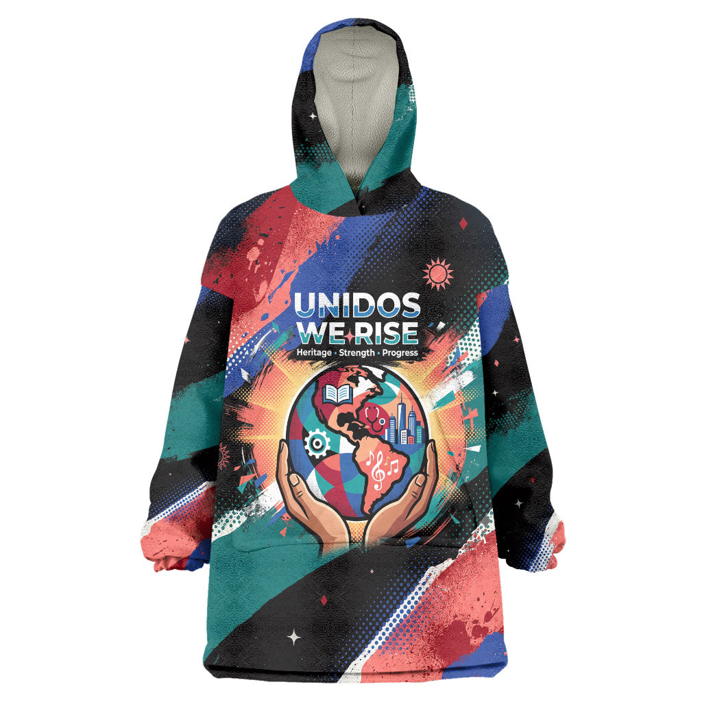 Hispanic Heritage Month Unidos We Rise Wearable Blanket Hoodie Vibrant Sunflower Flags - Globe Graphic With Splatter Paint