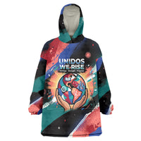 Hispanic Heritage Month Unidos We Rise Wearable Blanket Hoodie Vibrant Sunflower Flags - Globe Graphic With Splatter Paint