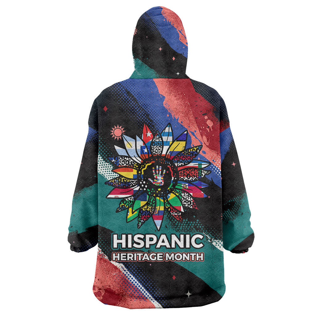 Hispanic Heritage Month Unidos We Rise Wearable Blanket Hoodie Vibrant Sunflower Flags - Globe Graphic With Splatter Paint