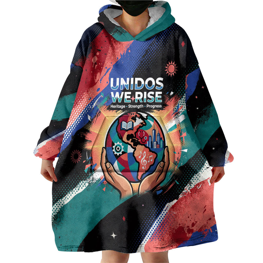 Hispanic Heritage Month Unidos We Rise Wearable Blanket Hoodie Vibrant Sunflower Flags - Globe Graphic With Splatter Paint