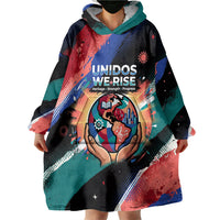 Hispanic Heritage Month Unidos We Rise Wearable Blanket Hoodie Vibrant Sunflower Flags - Globe Graphic With Splatter Paint