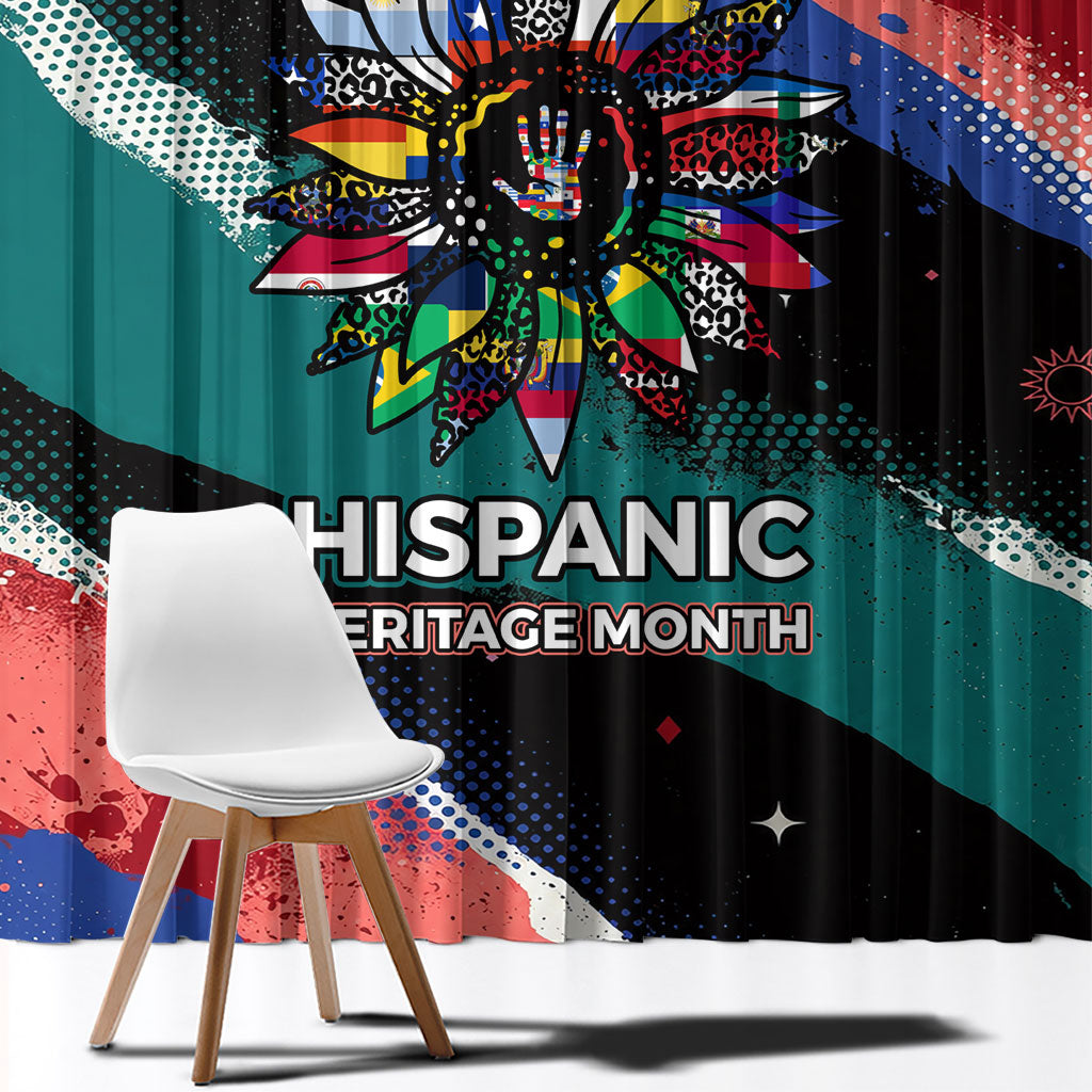Hispanic Heritage Month Unidos We Rise Window Curtain Vibrant Sunflower Flags - Globe Graphic With Splatter Paint