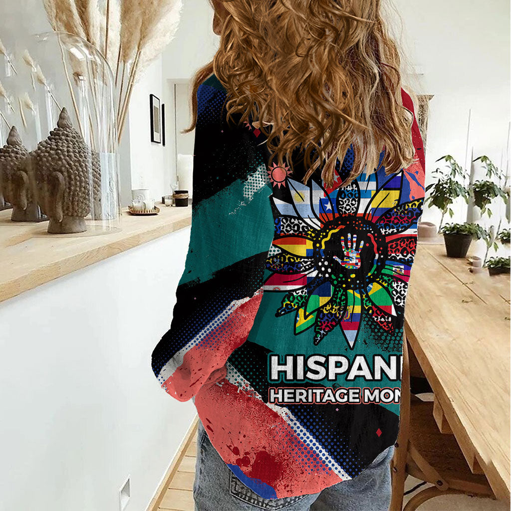 Hispanic Heritage Month Unidos We Rise Women Casual Shirt Vibrant Sunflower Flags - Globe Graphic With Splatter Paint