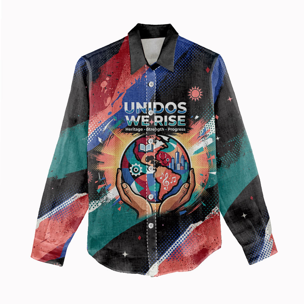 Hispanic Heritage Month Unidos We Rise Women Casual Shirt Vibrant Sunflower Flags - Globe Graphic With Splatter Paint