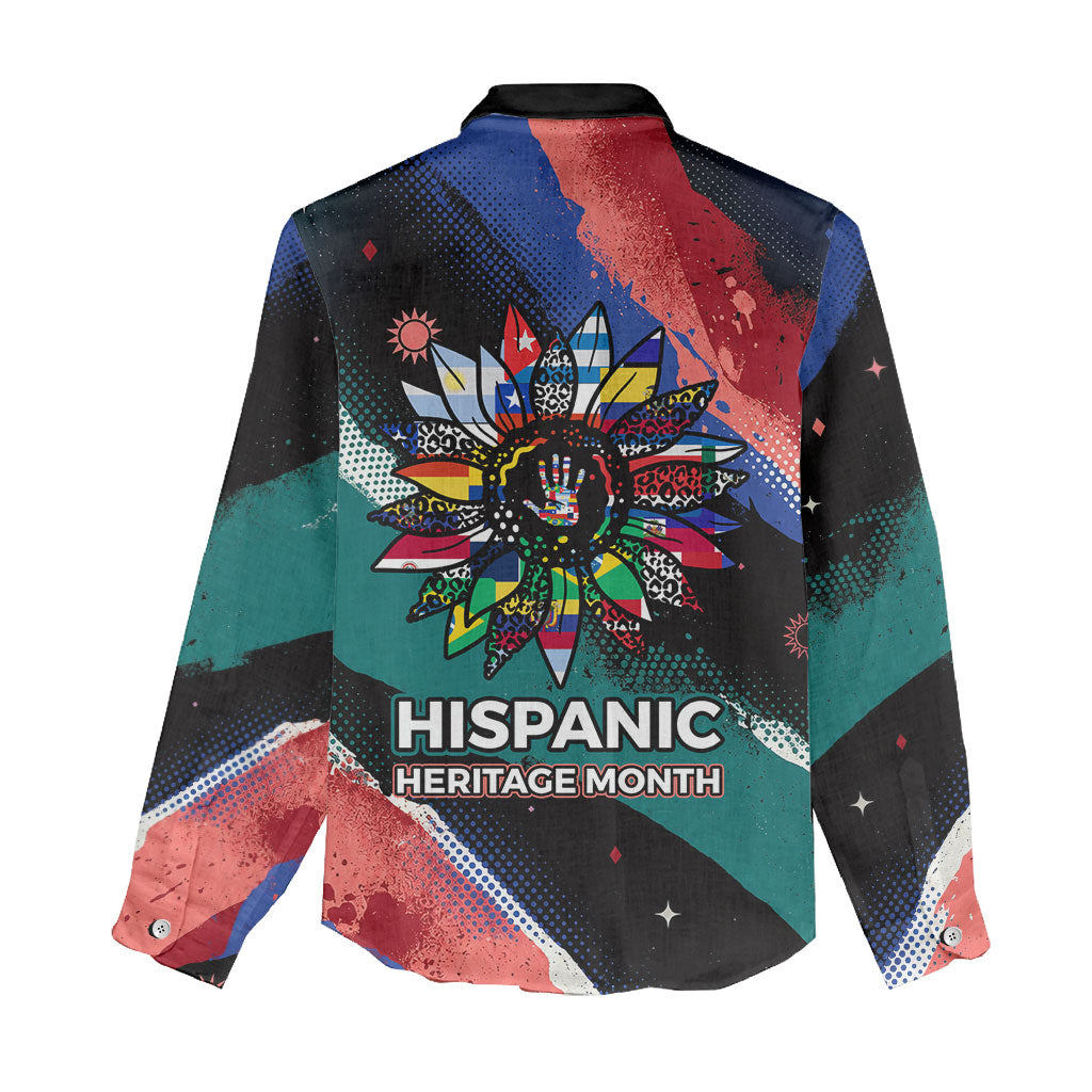 Hispanic Heritage Month Unidos We Rise Women Casual Shirt Vibrant Sunflower Flags - Globe Graphic With Splatter Paint