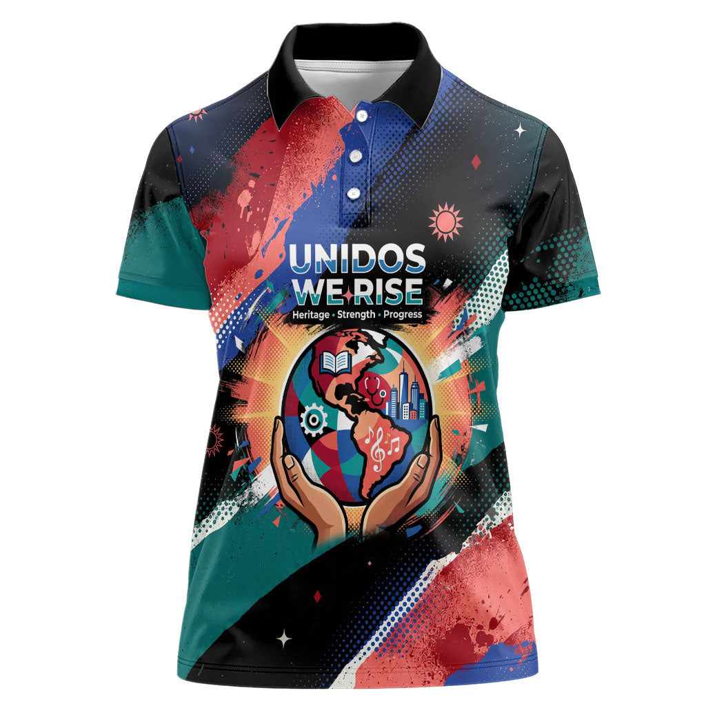 Hispanic Heritage Month Unidos We Rise Women Polo Shirt Vibrant Sunflower Flags - Globe Graphic With Splatter Paint