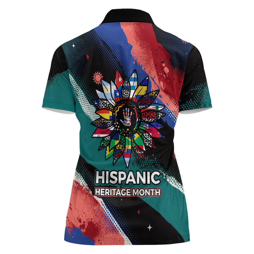 Hispanic Heritage Month Unidos We Rise Women Polo Shirt Vibrant Sunflower Flags - Globe Graphic With Splatter Paint
