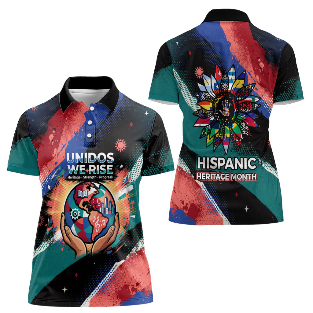 Hispanic Heritage Month Unidos We Rise Women Polo Shirt Vibrant Sunflower Flags - Globe Graphic With Splatter Paint