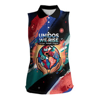 Hispanic Heritage Month Unidos We Rise Women Sleeveless Polo Shirt Vibrant Sunflower Flags - Globe Graphic With Splatter Paint