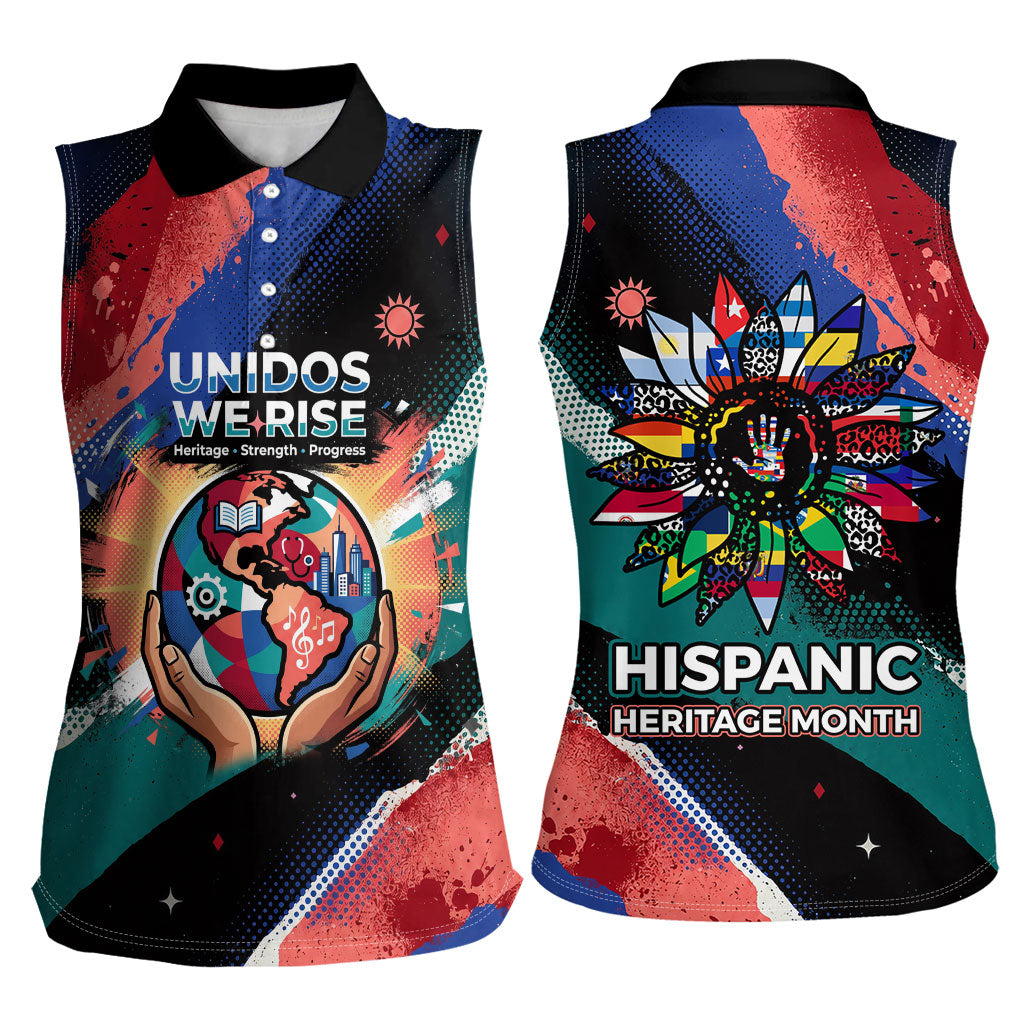Hispanic Heritage Month Unidos We Rise Women Sleeveless Polo Shirt Vibrant Sunflower Flags - Globe Graphic With Splatter Paint