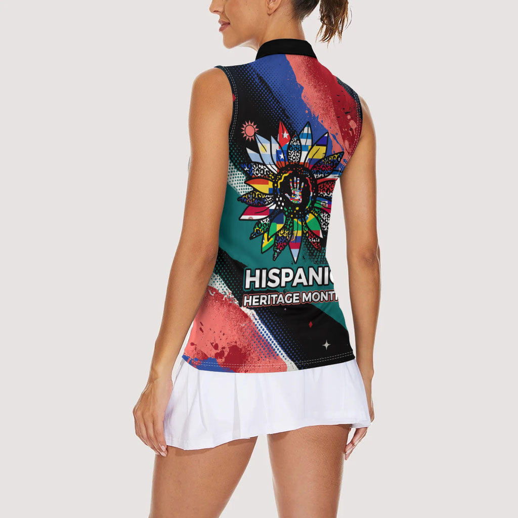Hispanic Heritage Month Unidos We Rise Women Sleeveless Polo Shirt Vibrant Sunflower Flags - Globe Graphic With Splatter Paint