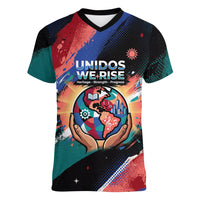 Hispanic Heritage Month Unidos We Rise Women V-Neck T-Shirt Vibrant Sunflower Flags - Globe Graphic With Splatter Paint