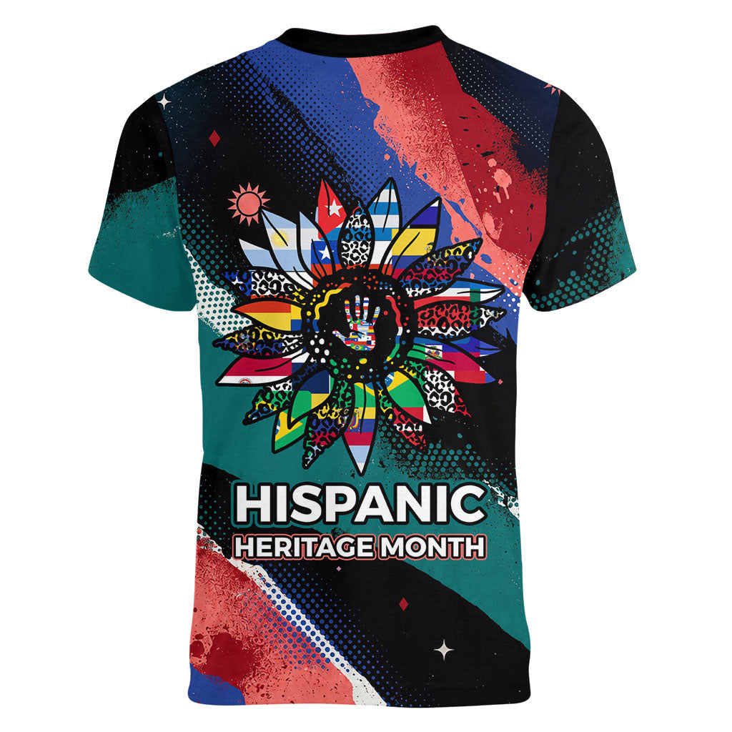 Hispanic Heritage Month Unidos We Rise Women V-Neck T-Shirt Vibrant Sunflower Flags - Globe Graphic With Splatter Paint