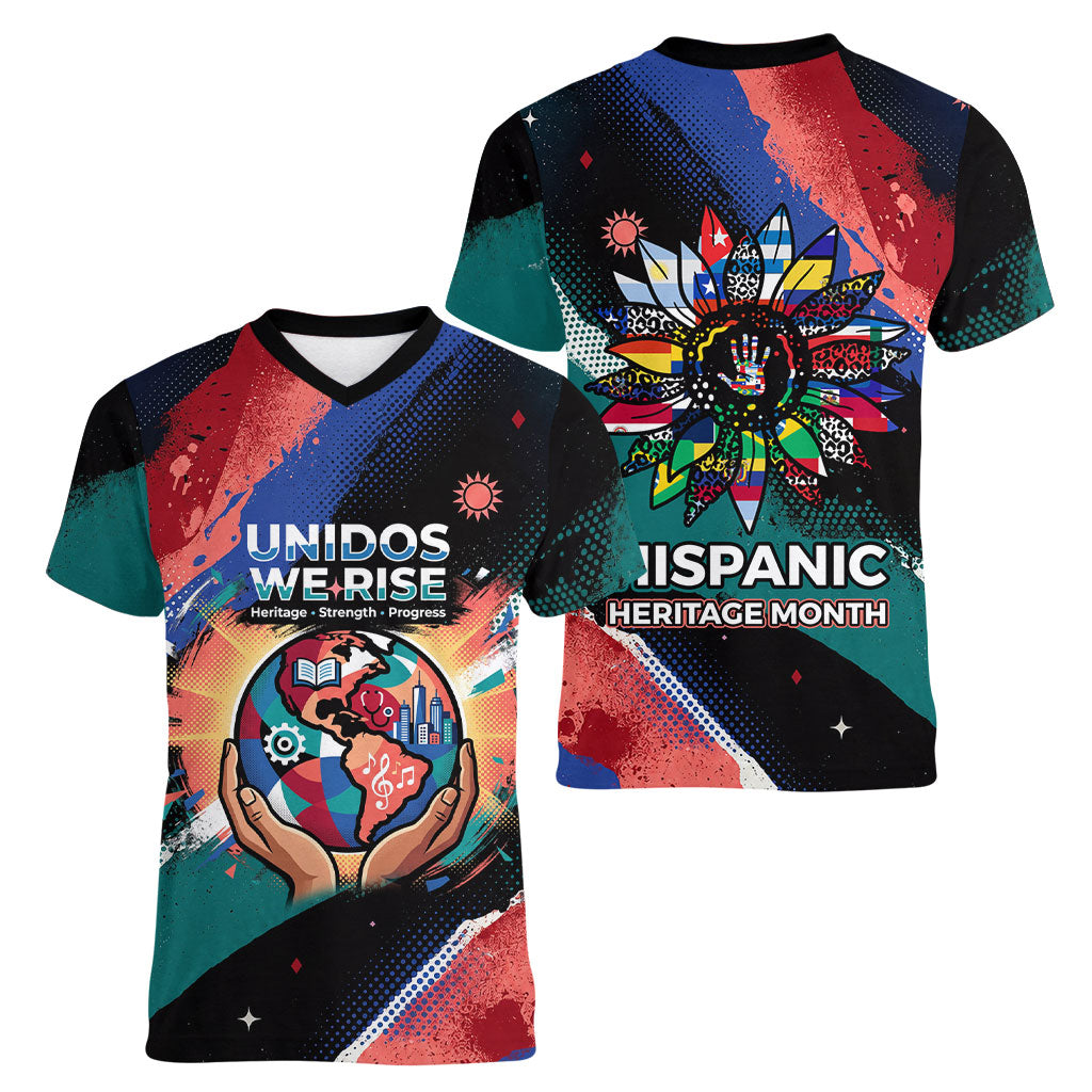 Hispanic Heritage Month Unidos We Rise Women V-Neck T-Shirt Vibrant Sunflower Flags - Globe Graphic With Splatter Paint