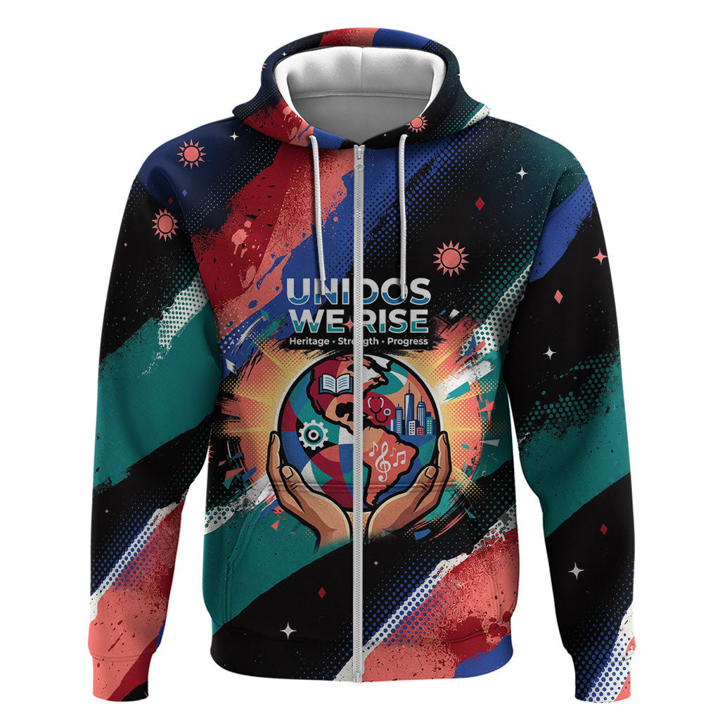 Hispanic Heritage Month Unidos We Rise Zip Hoodie Vibrant Sunflower Flags - Globe Graphic With Splatter Paint