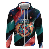 Hispanic Heritage Month Unidos We Rise Zip Hoodie Vibrant Sunflower Flags - Globe Graphic With Splatter Paint