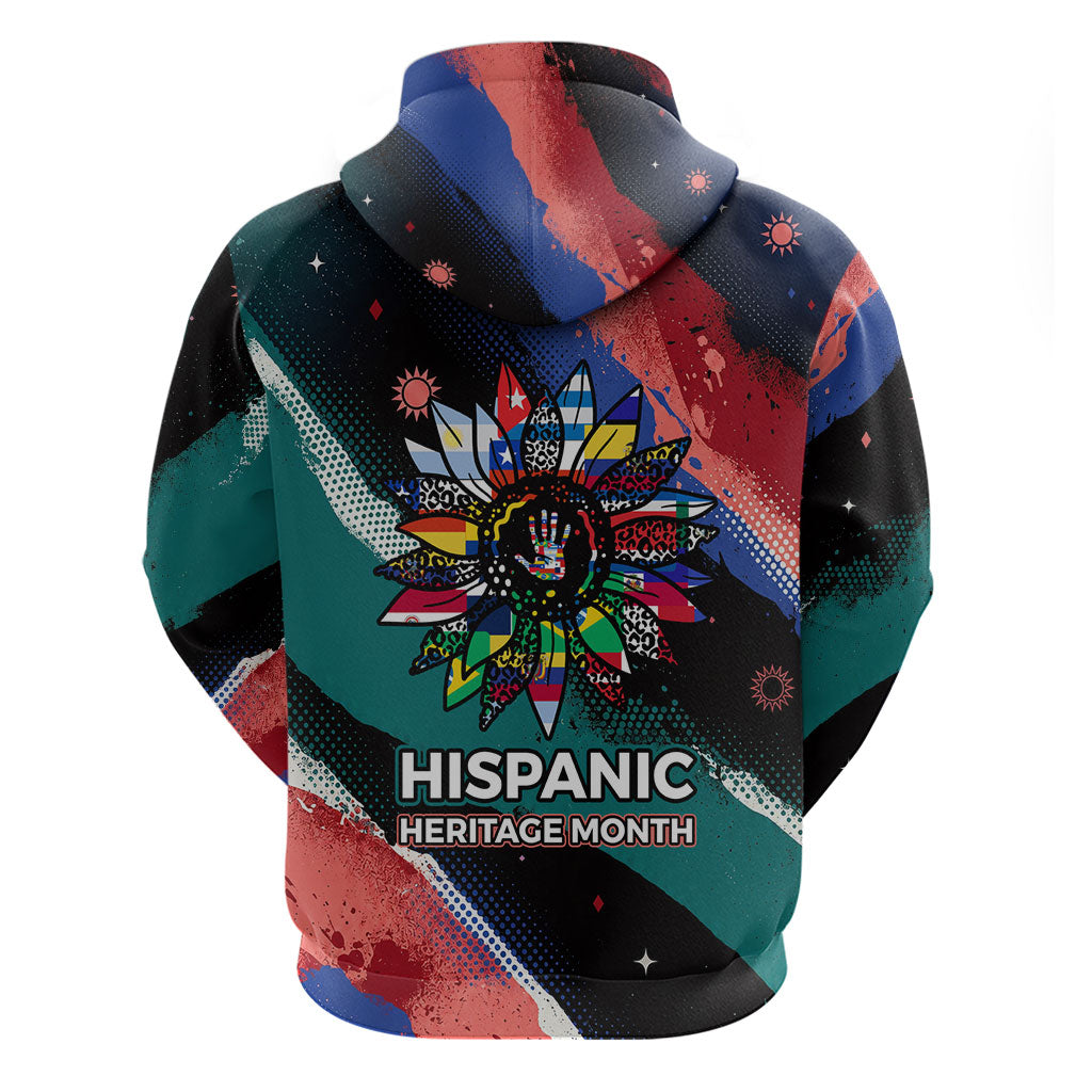 Hispanic Heritage Month Unidos We Rise Zip Hoodie Vibrant Sunflower Flags - Globe Graphic With Splatter Paint