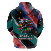 Hispanic Heritage Month Unidos We Rise Zip Hoodie Vibrant Sunflower Flags - Globe Graphic With Splatter Paint