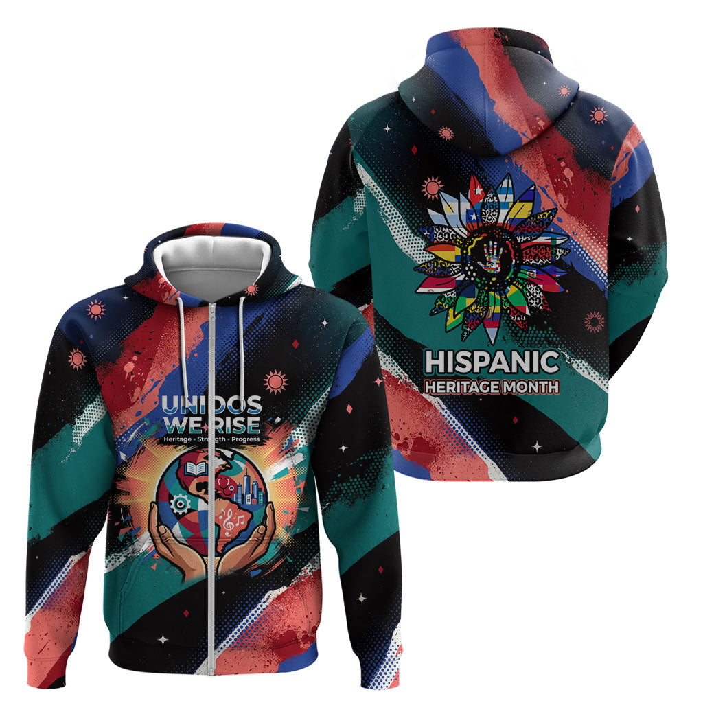 Hispanic Heritage Month Unidos We Rise Zip Hoodie Vibrant Sunflower Flags - Globe Graphic With Splatter Paint