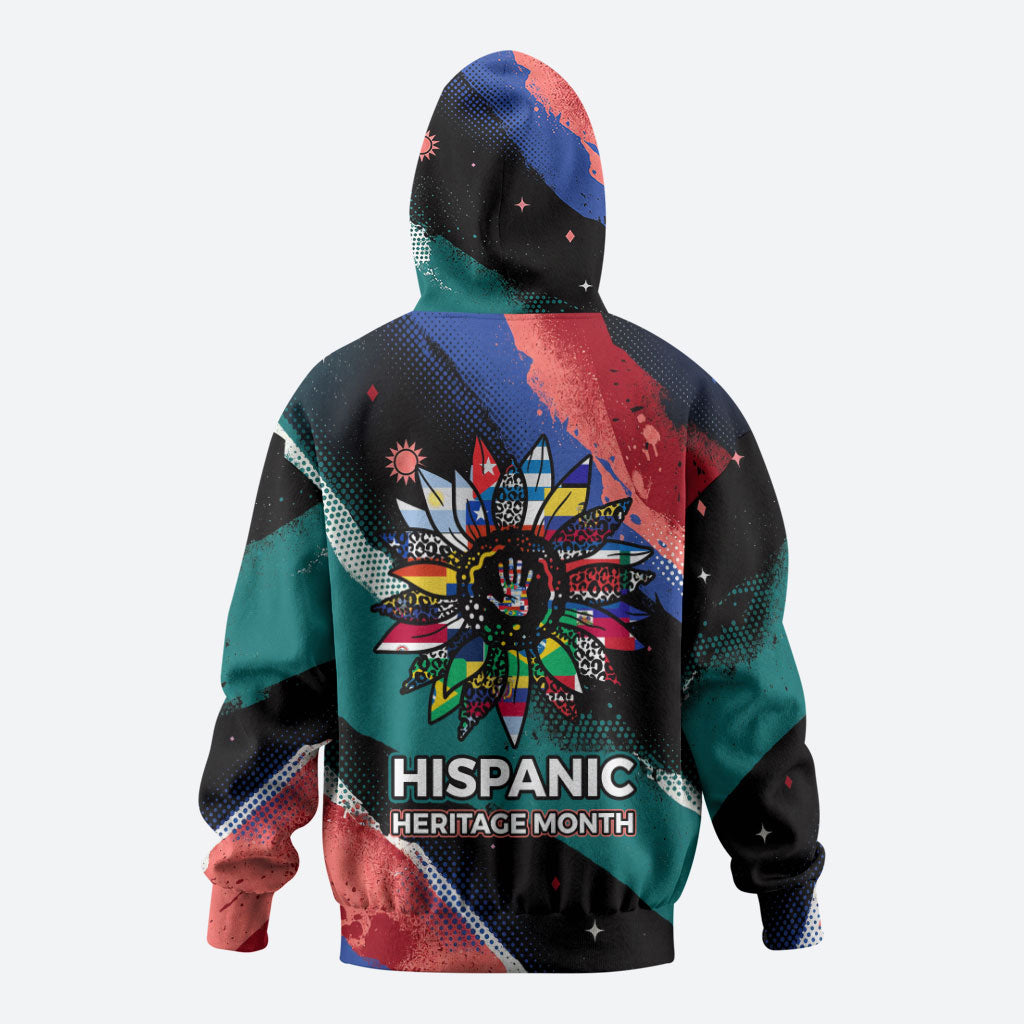 Hispanic Heritage Month Unidos We Rise Zip Hoodie Vibrant Sunflower Flags - Globe Graphic With Splatter Paint