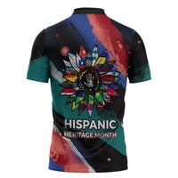 Hispanic Heritage Month Unidos We Rise Zipper Polo Shirt Vibrant Sunflower Flags - Globe Graphic With Splatter Paint