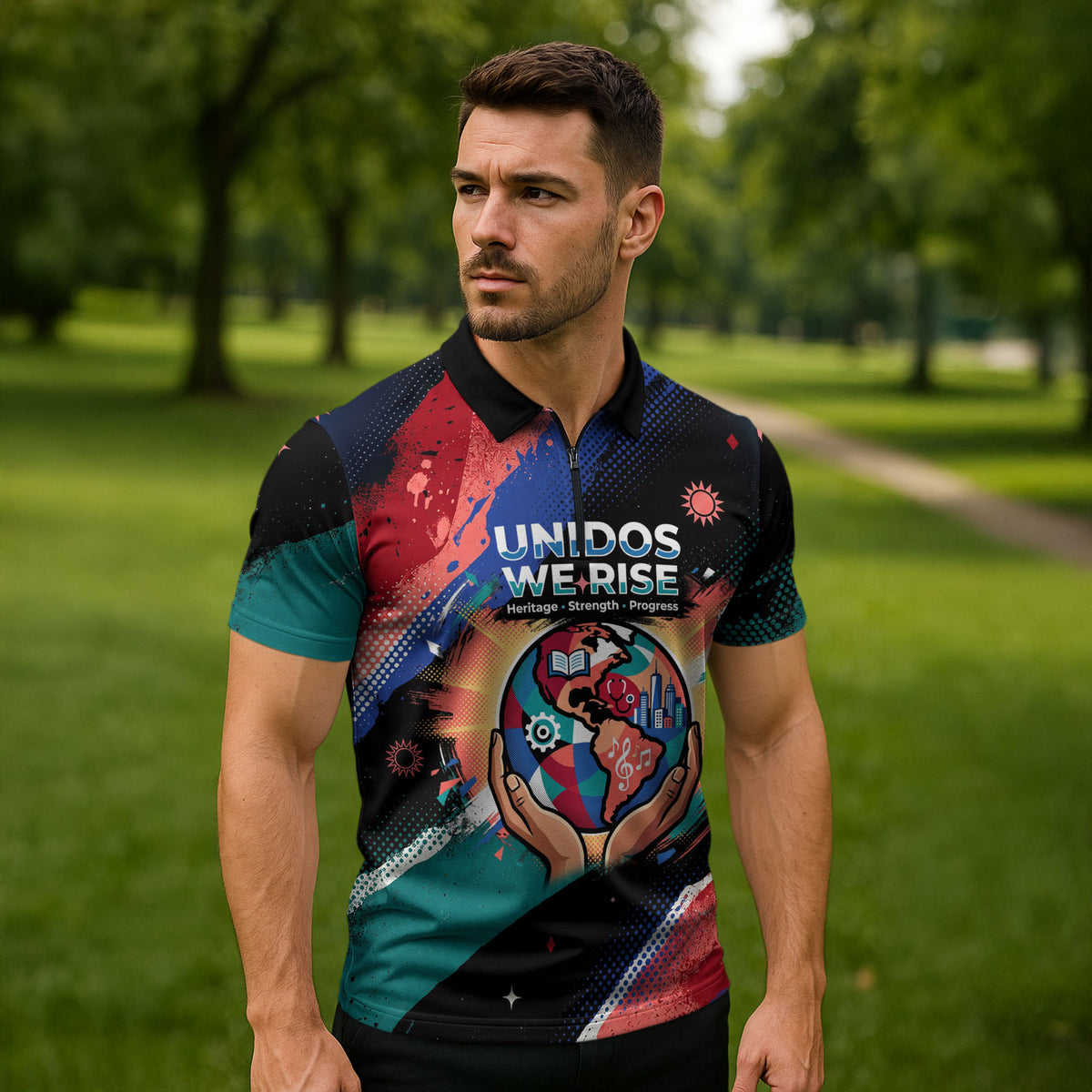 Hispanic Heritage Month Unidos We Rise Zipper Polo Shirt Vibrant Sunflower Flags - Globe Graphic With Splatter Paint