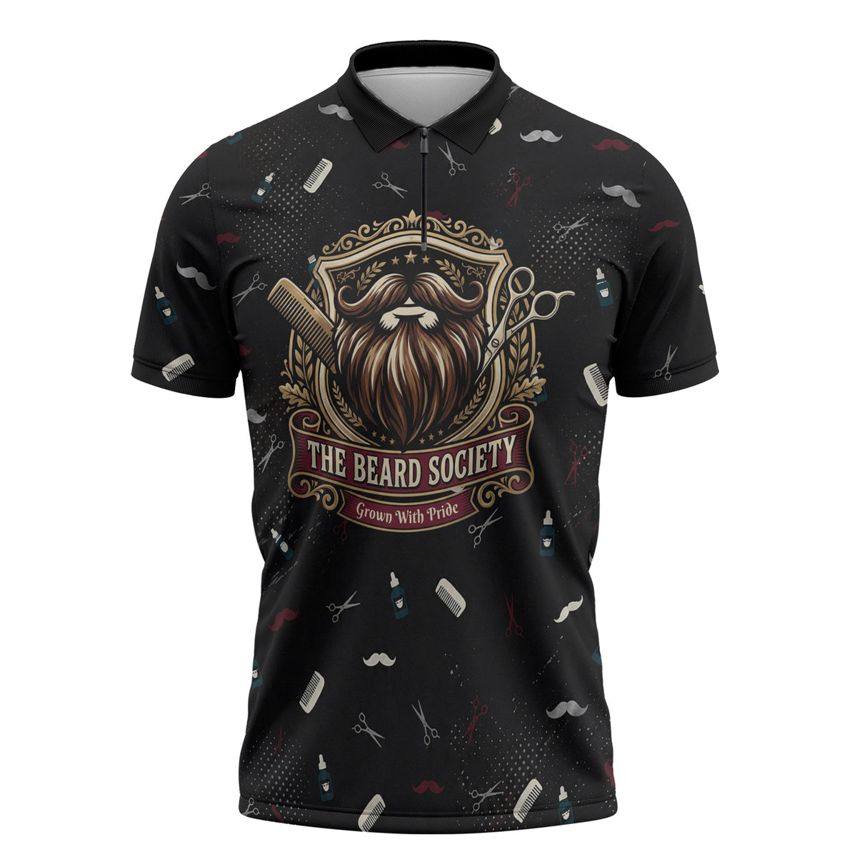 The Beard Society Zipper Polo Shirt Vintage Barber Great Beards Grown With Pride