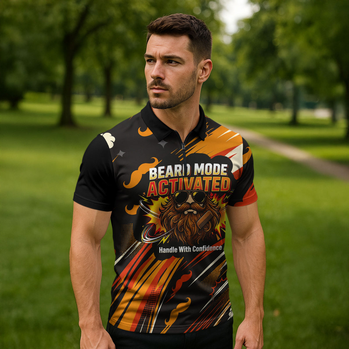 World Beard Day Zipper Polo Shirt Ginger Beard Man Pride - Retro Comic