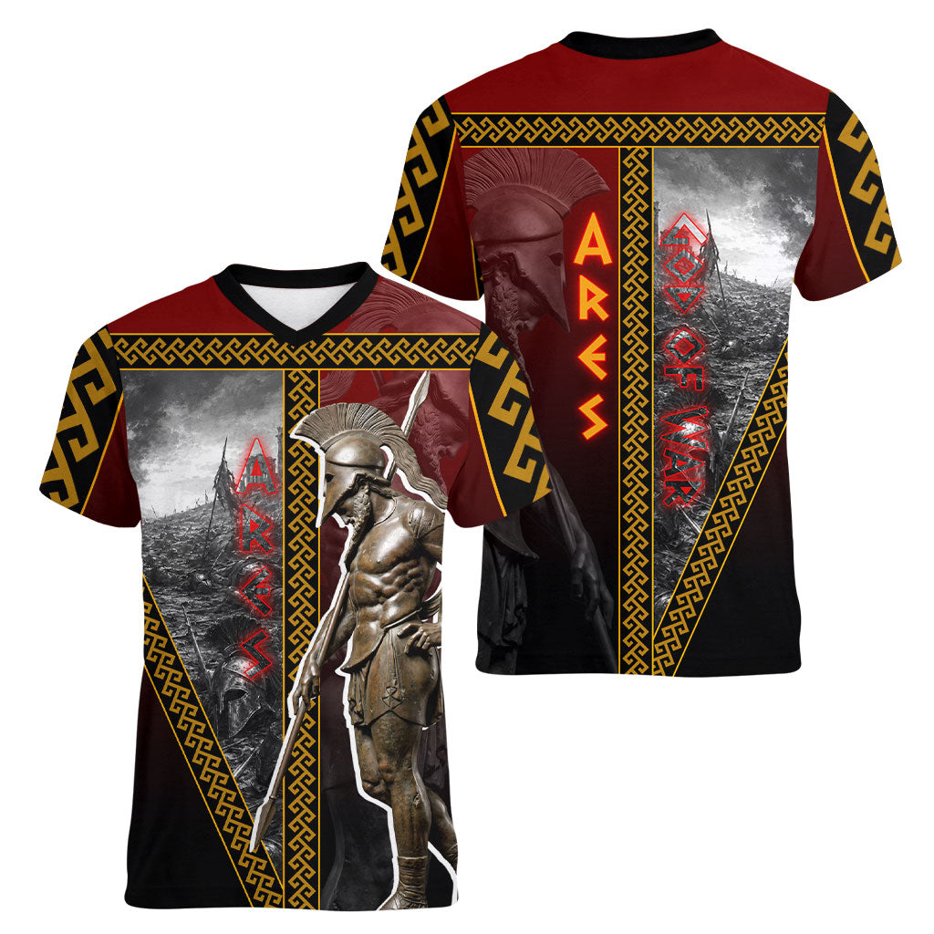 Ares Greek God Of War Women V-Neck T-Shirt Warrior Ancient Greek Mythology Art