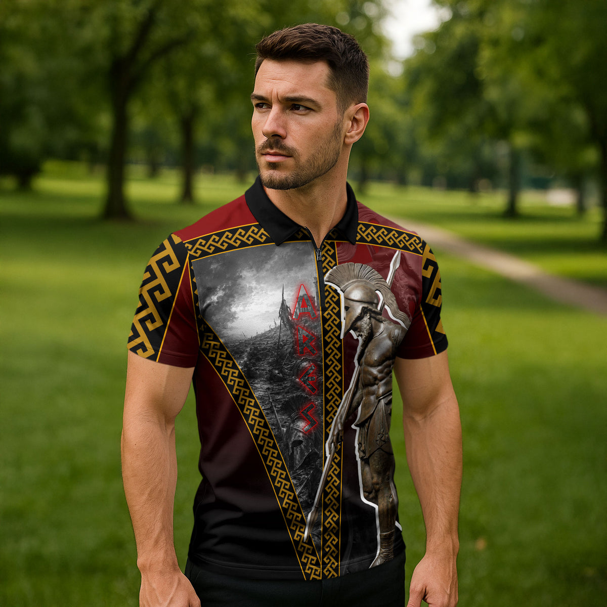 Ares Greek God Of War Zipper Polo Shirt Warrior Ancient Greek Mythology Art