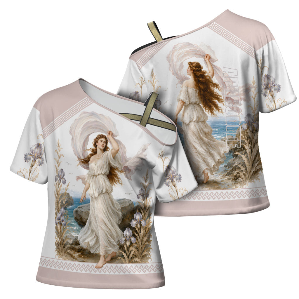 Aphrodite Greek Goddess Cross Shoulder Shirt Classical Mythology Vintage Art Ocean Scene