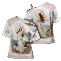 Aphrodite Greek Goddess Cross Shoulder Shirt Classical Mythology Vintage Art Ocean Scene