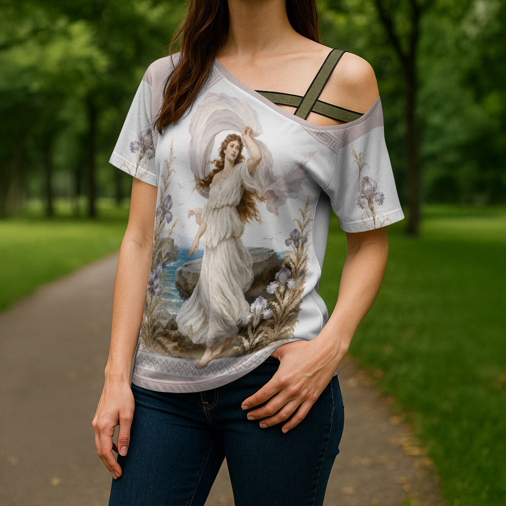 Aphrodite Greek Goddess Cross Shoulder Shirt Classical Mythology Vintage Art Ocean Scene