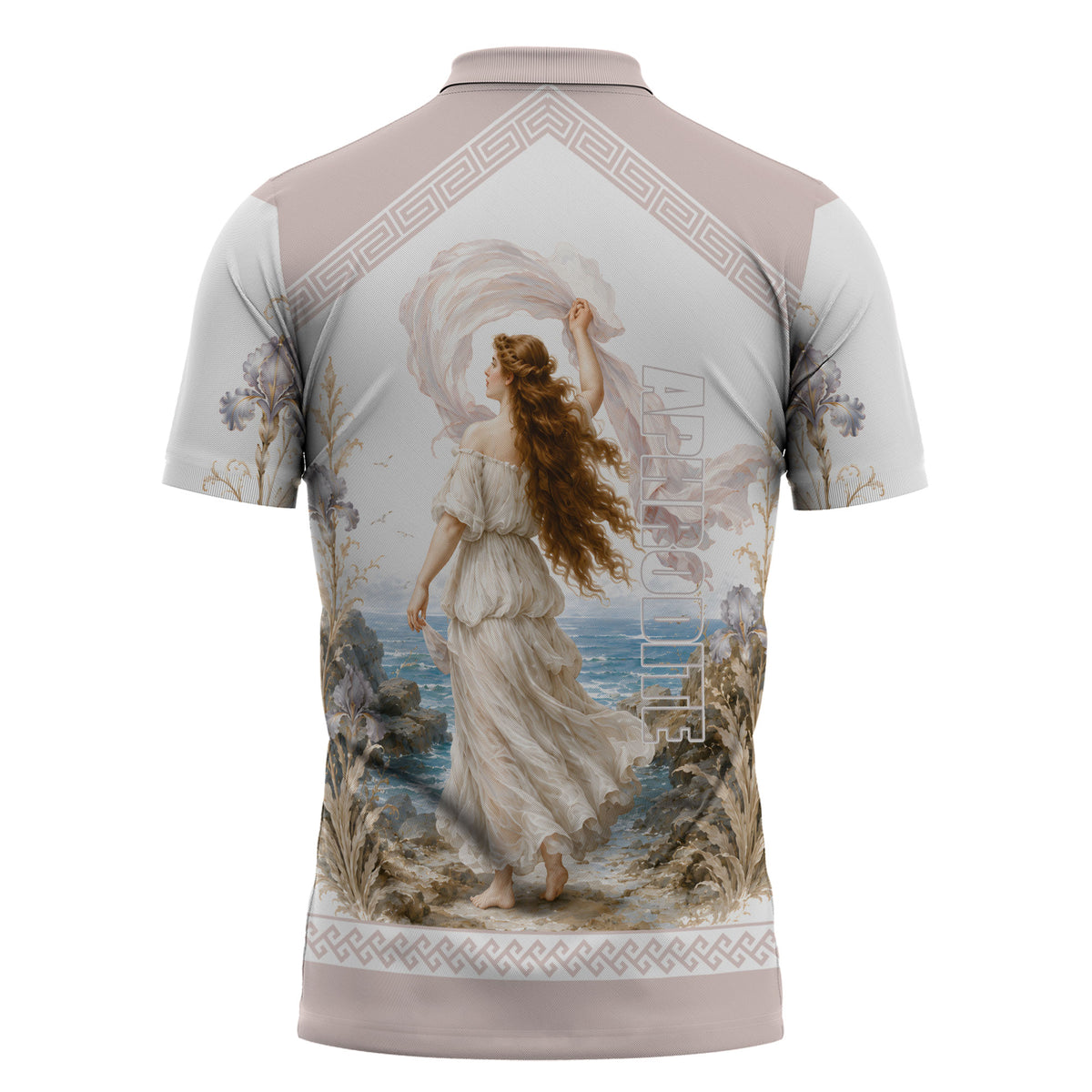 Aphrodite Greek Goddess Zipper Polo Shirt Classical Mythology Vintage Art Ocean Scene