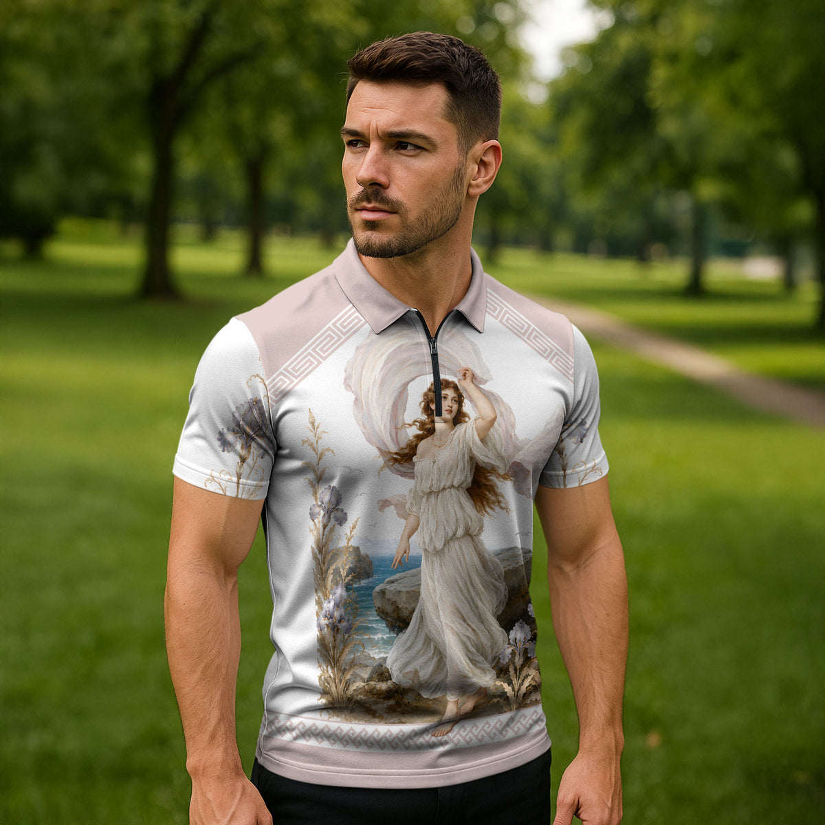 Aphrodite Greek Goddess Zipper Polo Shirt Classical Mythology Vintage Art Ocean Scene