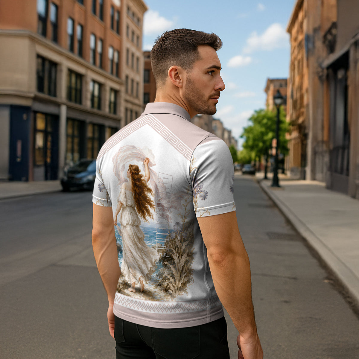 Aphrodite Greek Goddess Zipper Polo Shirt Classical Mythology Vintage Art Ocean Scene