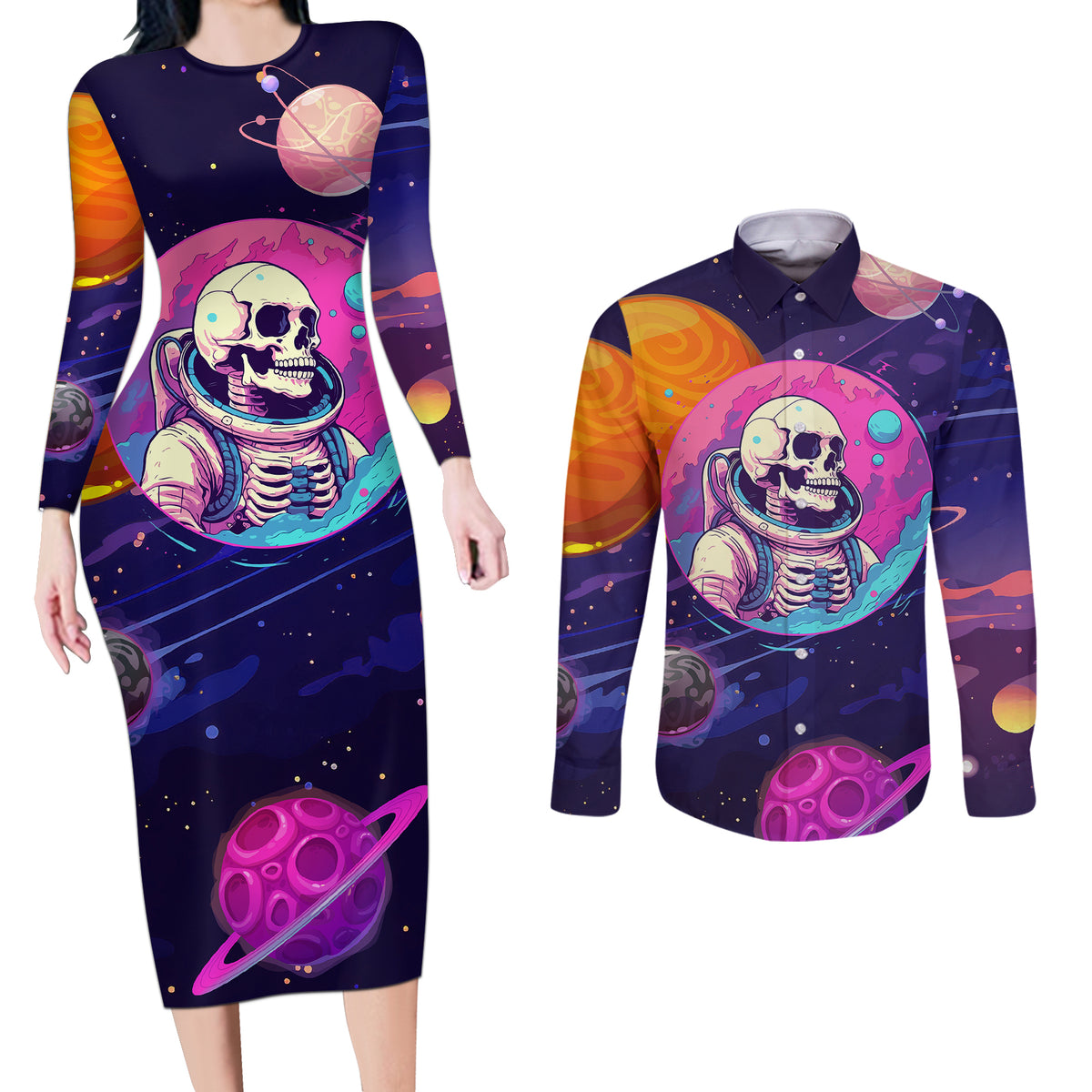 Skull Couples Matching Long Sleeve Bodycon Dress and Long Sleeve Button Shirts I Love You in every Universe Cosmic Abstract Art - Wonder Print Shop