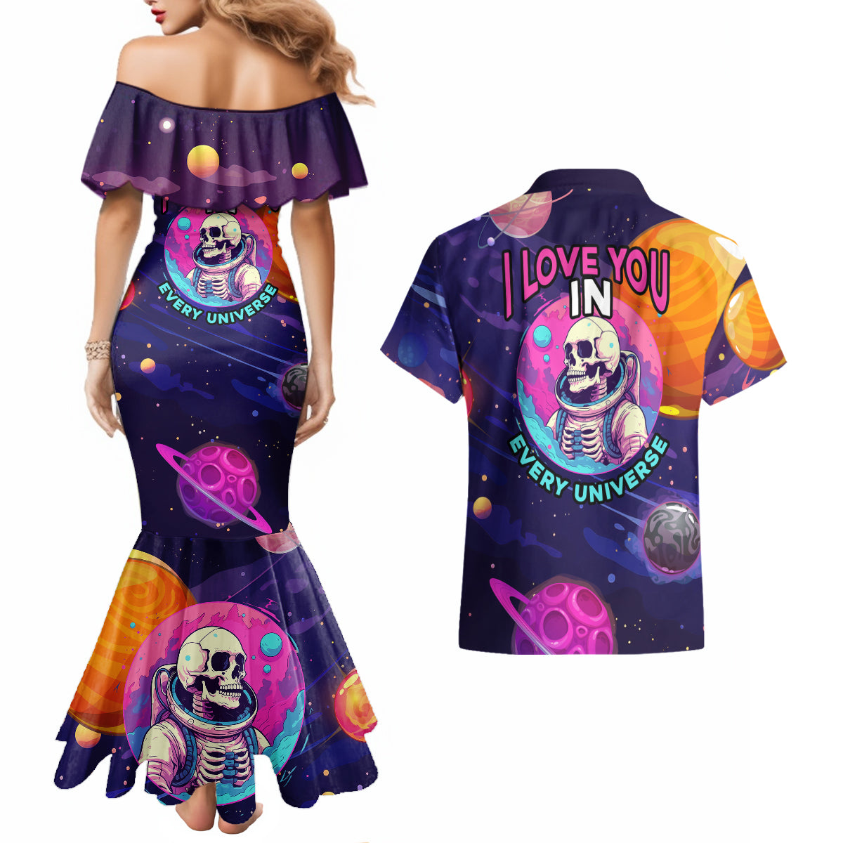 Skull Couples Matching Mermaid Dress and Hawaiian Shirt I Love You in every Universe Cosmic Abstract Art - Wonder Print Shop