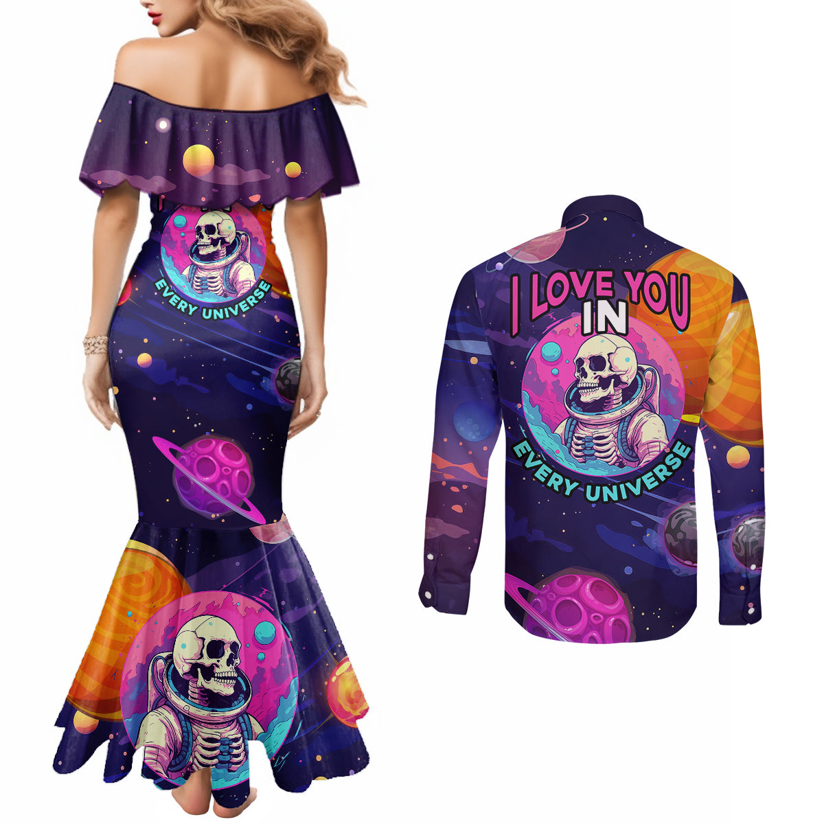 skull-couples-matching-mermaid-dress-and-long-sleeve-button-shirts-i-love-you-in-every-universe-cosmic-abstract-art