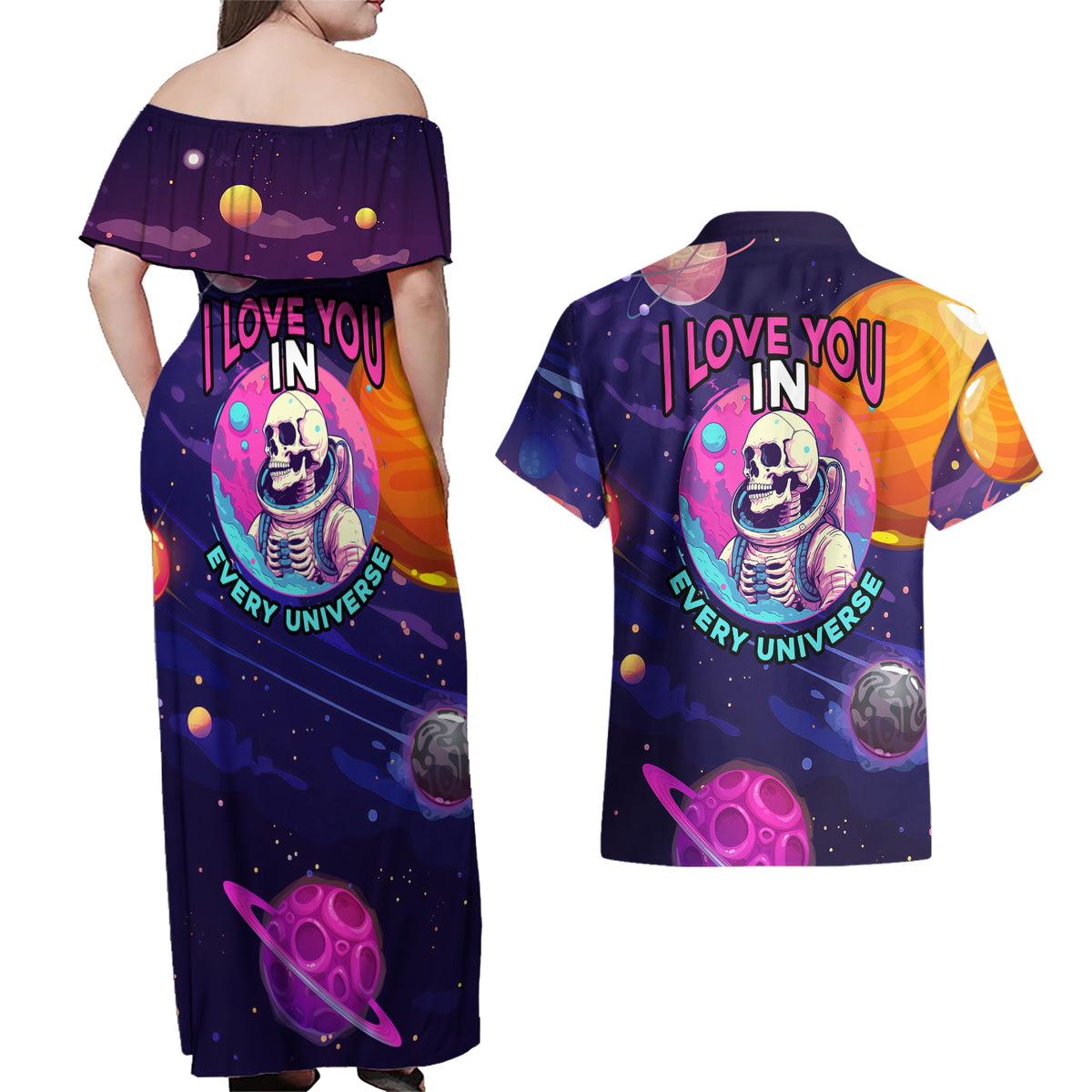 Skull Couples Matching Off Shoulder Maxi Dress and Hawaiian Shirt I Love You in every Universe Cosmic Abstract Art - Wonder Print Shop