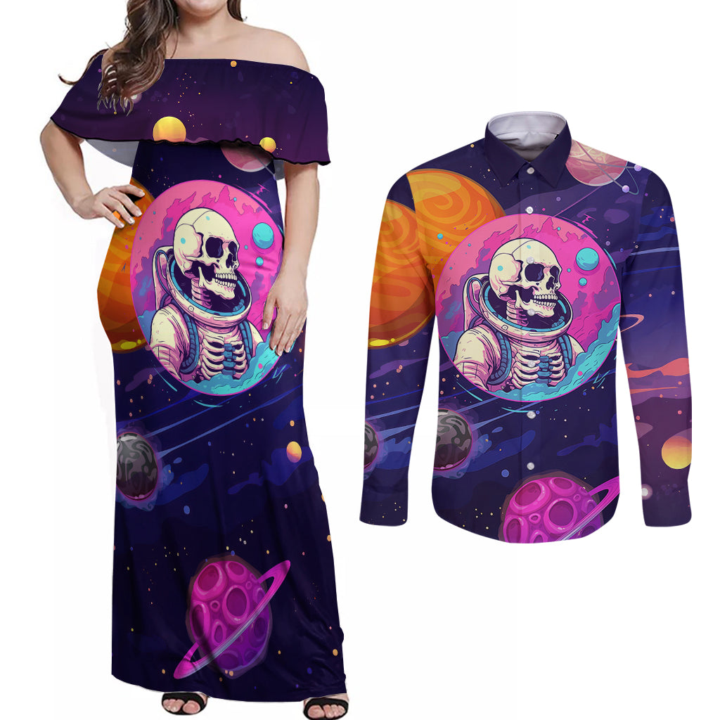 Skull Couples Matching Off Shoulder Maxi Dress and Long Sleeve Button Shirts I Love You in every Universe Cosmic Abstract Art - Wonder Print Shop