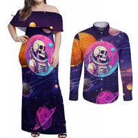 Skull Couples Matching Off Shoulder Maxi Dress and Long Sleeve Button Shirts I Love You in every Universe Cosmic Abstract Art - Wonder Print Shop