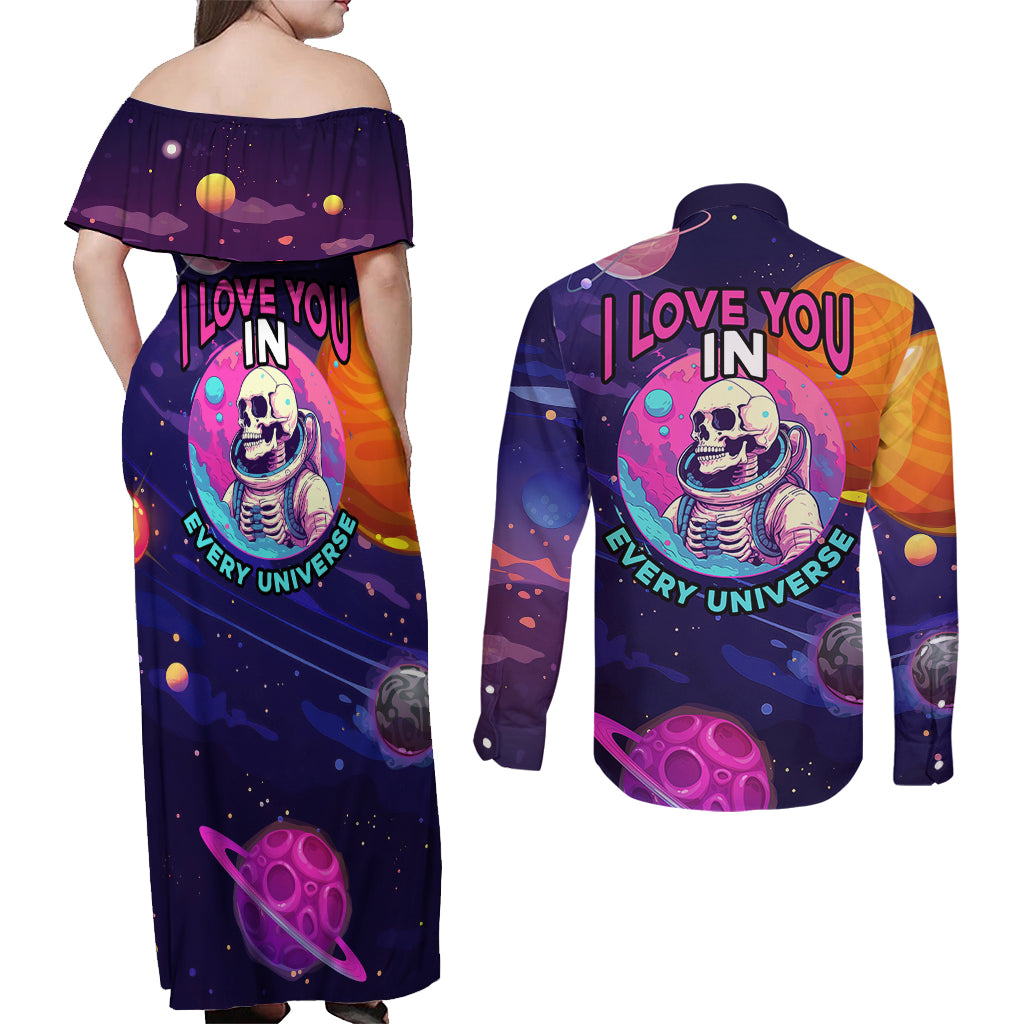 Skull Couples Matching Off Shoulder Maxi Dress and Long Sleeve Button Shirts I Love You in every Universe Cosmic Abstract Art - Wonder Print Shop