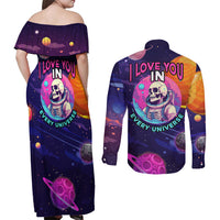 Skull Couples Matching Off Shoulder Maxi Dress and Long Sleeve Button Shirts I Love You in every Universe Cosmic Abstract Art - Wonder Print Shop