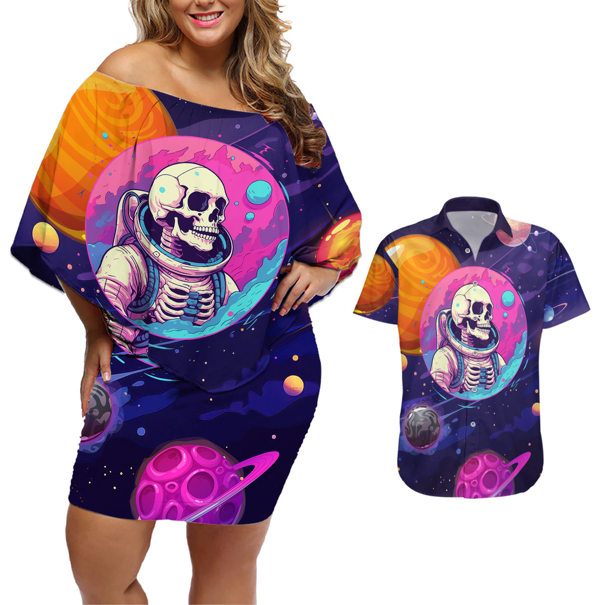 Skull Couples Matching Off Shoulder Short Dress and Hawaiian Shirt I Love You in every Universe Cosmic Abstract Art - Wonder Print Shop